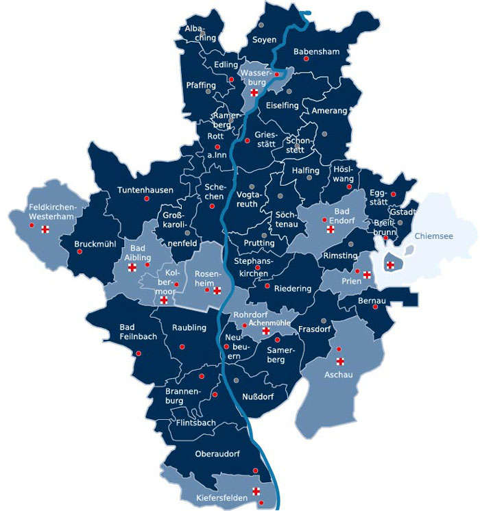 Das Bild zeigt die Landkreiskarte von Rosenheim mit den markierten Standorten der BRK-Rettungswachen  und Stellplätze